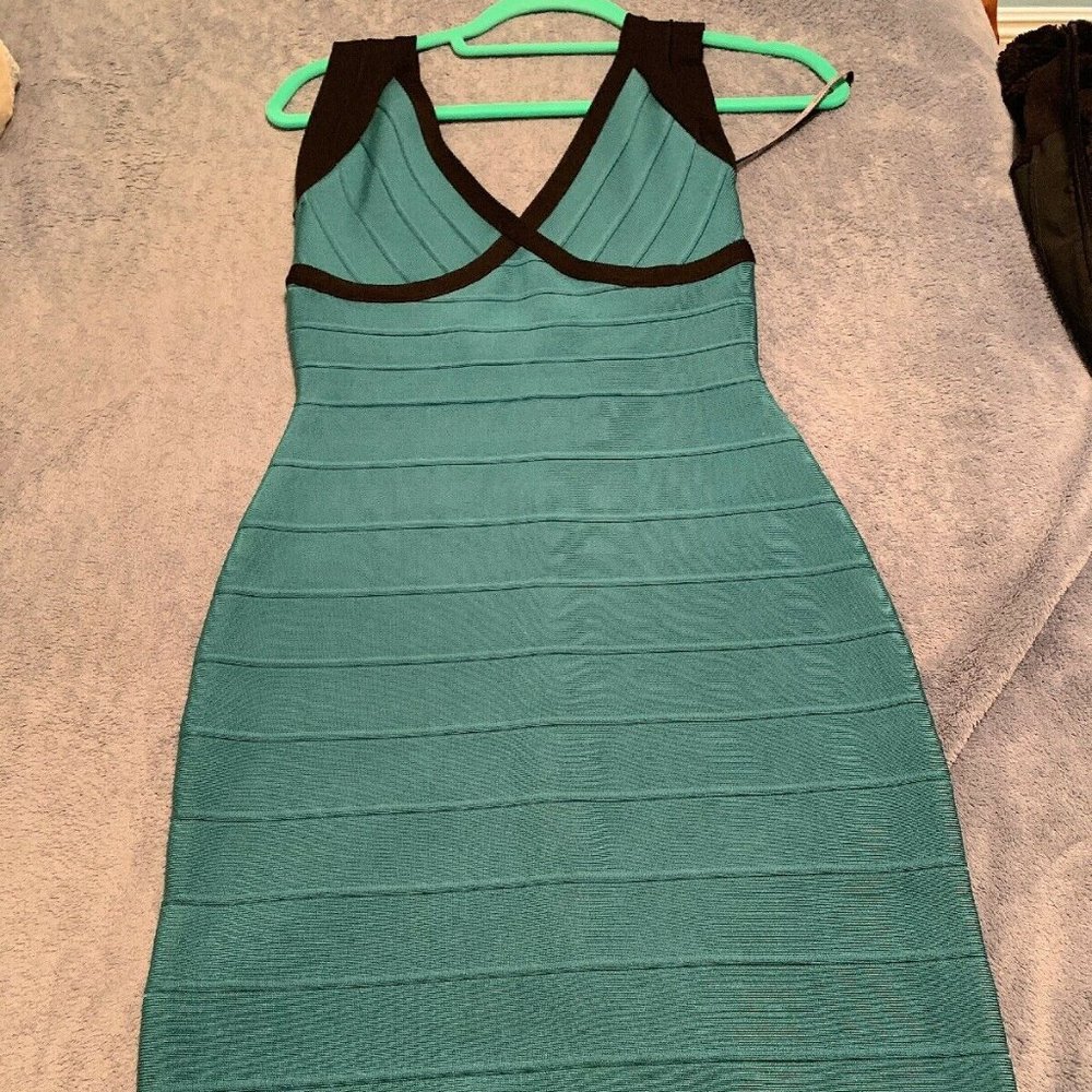 NWT Herve Leger Teal Blue Black Bodycon Dress S